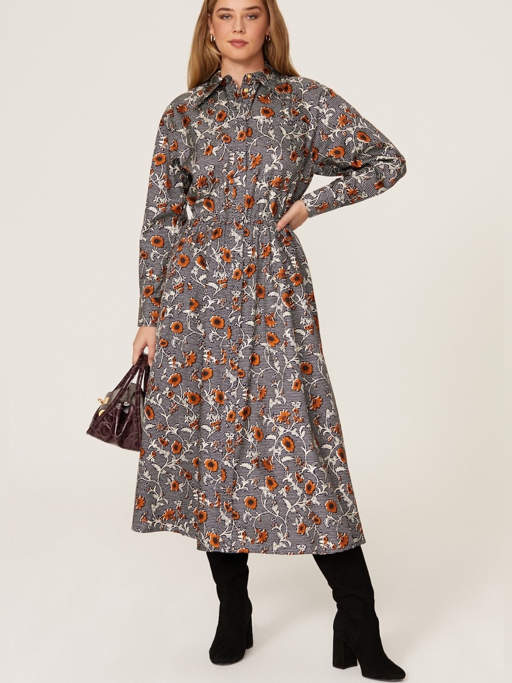 Tory Burch Dress Eleanor Silk Twill Shirtdress Floral Retro Block Print Size 12